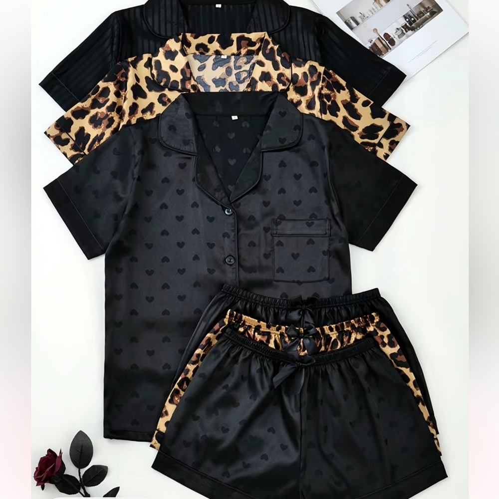 Black Satin Pajama Set with Leopard Accents